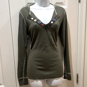Sage Green Thermal Top w Faux Folded Collar and Fun Button and Stitching Detail